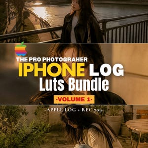 Pode incluir: Um pacote de produtos digitais intitulado THE PRO PHOTOGRAHER IPHONE LOG Luts Bundle -VOLUME 1- APPLE LOG + REC.709. O gráfico apresenta um logótipo de maçã arco-íris e três cenas fotográficas mostrando uma pessoa ao ar livre.