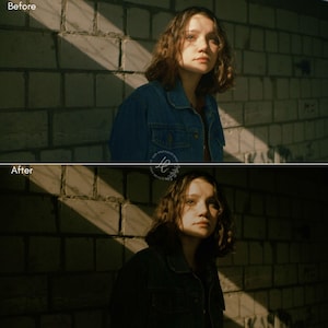 May include: A portrait of a person wearing a denim jacket, standing in front of a brick wall. The image is split, showing a before and after photo edit. The lighting is dramatic, with shadows and sunlight.