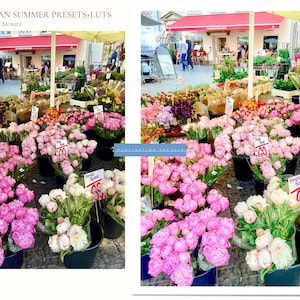 May include: A flower market display featuring numerous bouquets of pink and white peonies in black buckets. The scene is set outdoors with a red awning and people in the background. Text at the top reads "EUROPEAN SUMMER PRESETS+LUTS Desktop and Mobile".