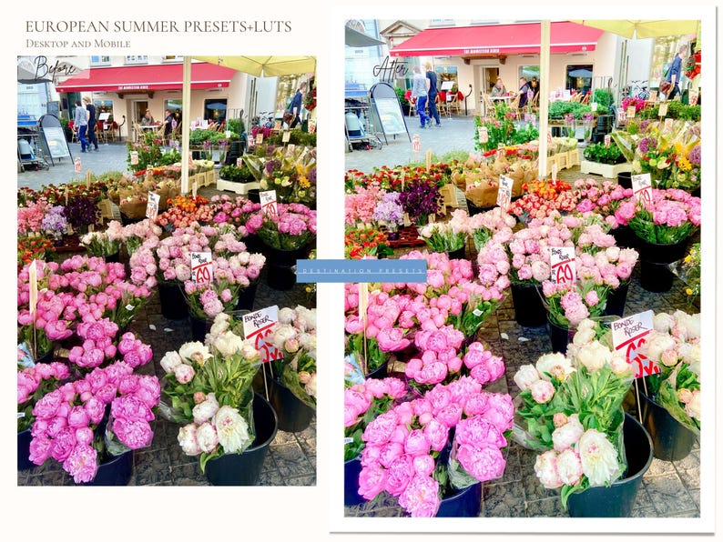 May include: A flower market display featuring numerous bouquets of pink and white peonies in black buckets. The scene is set outdoors with a red awning and people in the background. Text at the top reads "EUROPEAN SUMMER PRESETS+LUTS Desktop and Mobile".