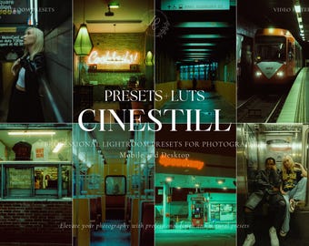 May include: A collage of images showcasing a collection of Lightroom presets and LUTs called "Cinestill". The text "PRESETS + LUTs" and "CINESTILL" are displayed in a bold, white font. The text "PROFESSIONAL LIGHTROOM PRESETS FOR PHOTOGRAPHERS" is displayed in a smaller, white font. The text "Mobile and Desktop" is displayed in a smaller, orange font. The images in the collage include a woman in a black jacket standing in a subway station, a neon sign that says "Cocktails!" in a bar, a subway tunnel, a subway car, a hot dog stand, a gas station, and two people sitting on a subway train.