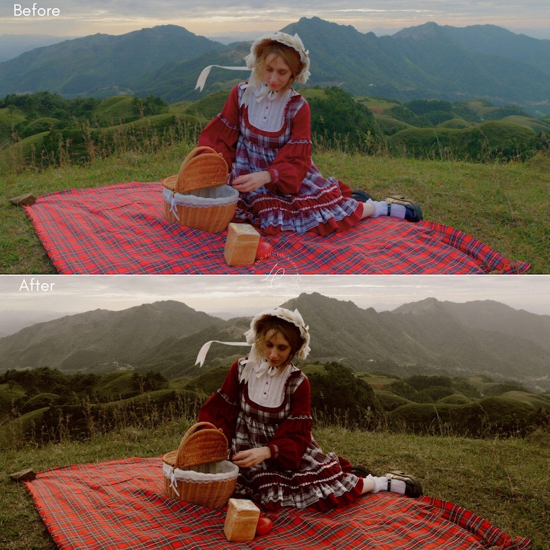 Puede incluir: Una escena de picnic con una manta a cuadros rojos sobre una colina cubierta de hierba. Una persona con un vestido rojo y blanco y un gorro est&aacute; sentada cerca de una cesta de mimbre y una hogaza de pan. Las monta&ntilde;as est&aacute;n al fondo.