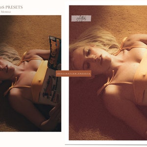 Puede incluir: Una mujer con un top de bikini amarillo yace sobre una alfombra marr&oacute;n con una revista en sus manos. La imagen tiene un filtro vintage, retro aplicado.