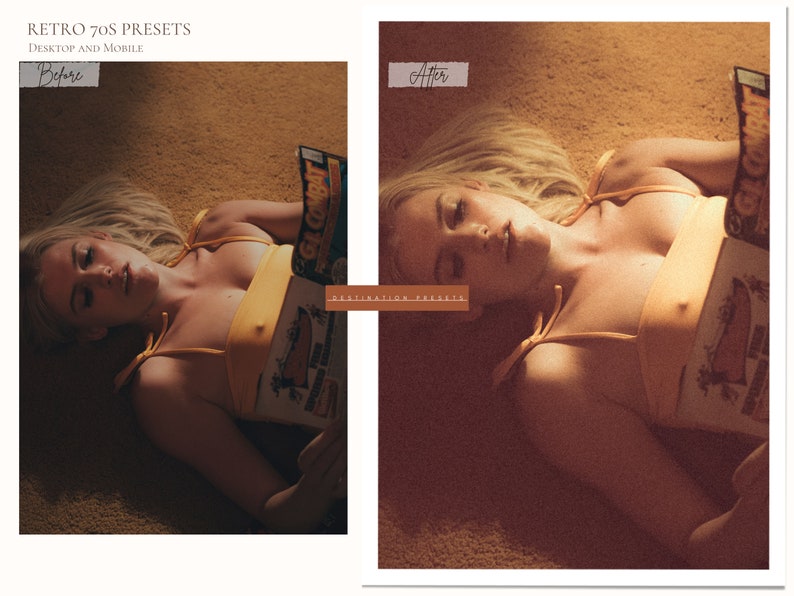 Puede incluir: Una mujer con un top de bikini amarillo yace sobre una alfombra marr&oacute;n con una revista en sus manos. La imagen tiene un filtro vintage, retro aplicado.