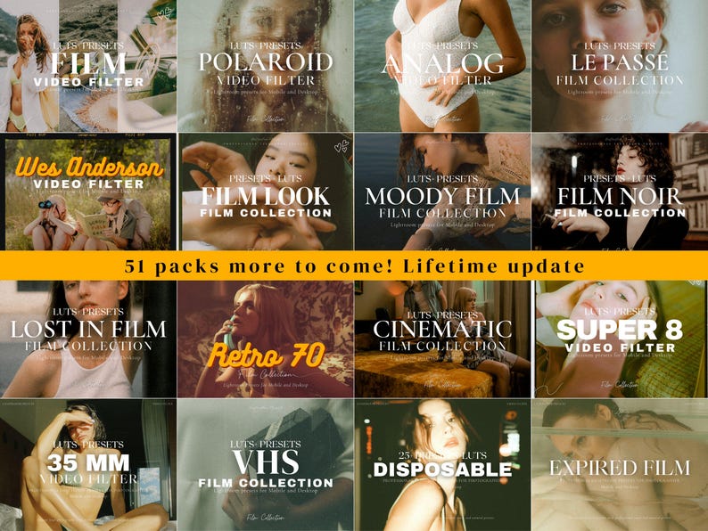 May include: A collage of 12 colorful squares, each featuring a different film look preset for video editing. The presets include "Film", "Polaroid", "Analog", "Le Passe", "Wes Anderson", "Film Look", "Moody Film", "Film Noir", "Lost in Film", "Retro 70", "Cinematic", "Super 8", "35mm", "VHS", "Disposable", and "Expired Film".
