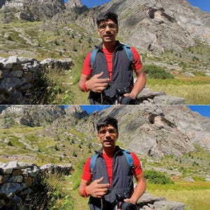 May include: A person wearing a red shirt, black vest, and glasses stands in a mountainous landscape. They are holding a camera and a backpack. The image is split, showing a "Before" and "After" photo.