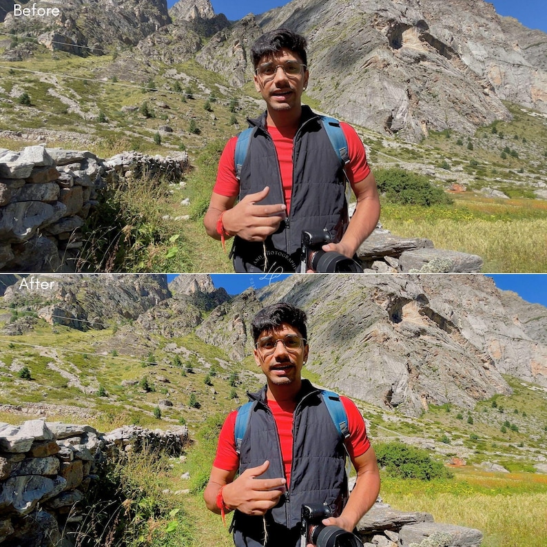 May include: A person wearing a red shirt, black vest, and glasses stands in a mountainous landscape. They are holding a camera and a backpack. The image is split, showing a "Before" and "After" photo.