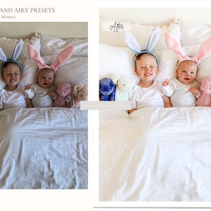 May include: Two children wearing bunny ears are lying in a white bed with stuffed animals. The children are smiling and looking at the camera. The image is a before and after comparison of a photo editing preset.