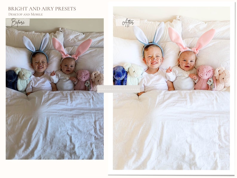 May include: Two children wearing bunny ears are lying in a white bed with stuffed animals. The children are smiling and looking at the camera. The image is a before and after comparison of a photo editing preset.