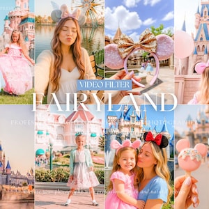 Pu&ograve; includere: Un collage di immagini a tema fiabesco. Le caratteristiche includono un castello, bambini in abiti da principessa e donne con fasce per le orecchie a forma di topo. Il testo "FAIRYLAND" e "VIDEO FILTER" sono visibili.
