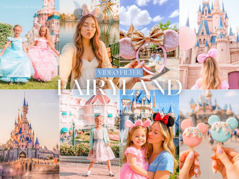 Pu&ograve; includere: Un collage di immagini a tema fiabesco. Le caratteristiche includono un castello, bambini in abiti da principessa e donne con fasce per le orecchie a forma di topo. Il testo "FAIRYLAND" e "VIDEO FILTER" sono visibili.