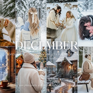 May include: A collage of winter scenes with the word "DECEMBER" in the center. Images include people in snowy settings, a mug with a bear, and a cozy outdoor cafe. Text reads "Lightroom Presets for Photographers."