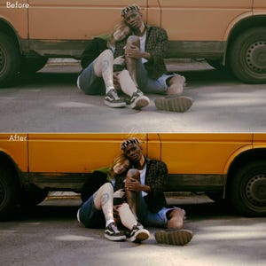 May include: A couple sits on the ground next to a yellow van. The woman rests her head on the man's shoulder. They are wearing casual clothing, including shorts, sneakers, and a patterned shirt. The image has a warm, vintage aesthetic.