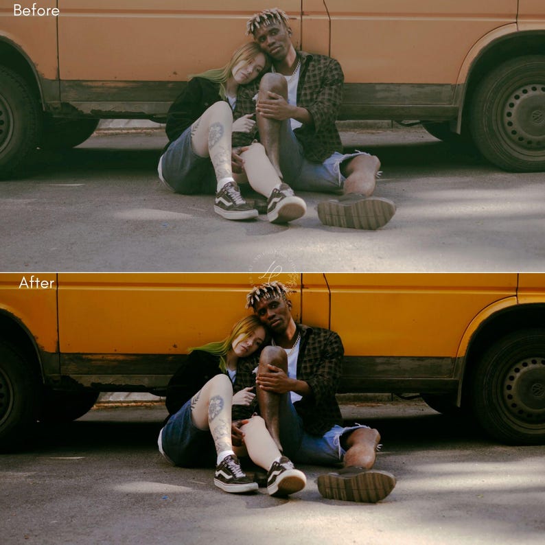 May include: A couple sits on the ground next to a yellow van. The woman rests her head on the man's shoulder. They are wearing casual clothing, including shorts, sneakers, and a patterned shirt. The image has a warm, vintage aesthetic.