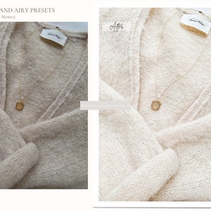 May include: A close-up of a white knitted sweater with a gold chain necklace featuring a round pendant. The image shows the difference between a before and after photo edit.