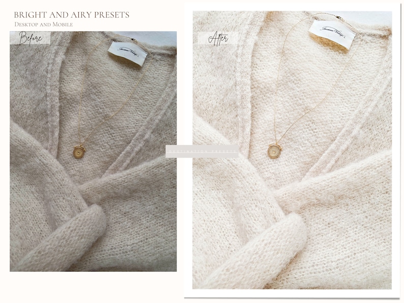 May include: A close-up of a white knitted sweater with a gold chain necklace featuring a round pendant. The image shows the difference between a before and after photo edit.