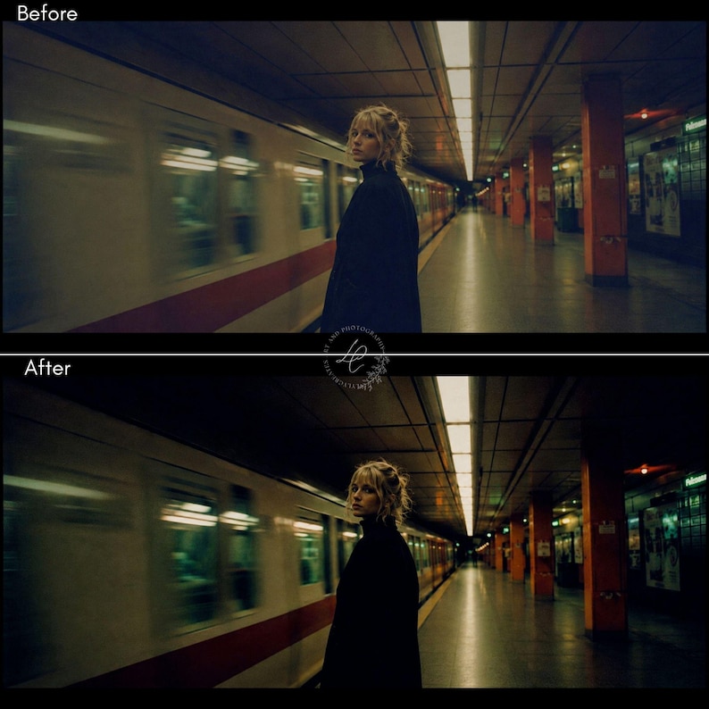 Puede incluir: Una mujer est&aacute; de pie en un and&eacute;n del metro, mirando un tren que pasa. El tren es blanco con una franja roja. El and&eacute;n tiene pilares naranjas y un largo y oscuro pasillo. La imagen tiene una est&eacute;tica vintage, tipo pel&iacute;cula.