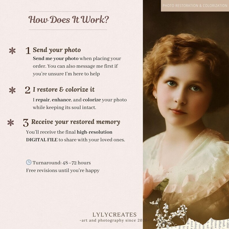 May include: An advertisement for photo restoration and colorization services. The image features a vintage portrait of a young girl with red hair. Text details the process: send photo, restore & colorize, and receive a digital file. Turnaround time is 48-72 hours.