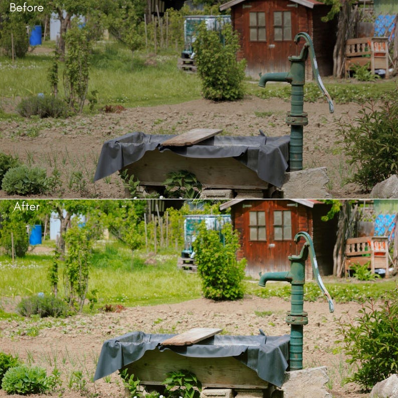 Puede incluir: Imagen de antes y despu&eacute;s de una escena de jard&iacute;n. La imagen superior muestra un jard&iacute;n con una bomba de agua, una estructura de madera y un peque&ntilde;o cobertizo. La imagen inferior muestra la misma escena con colores y claridad mejorados.