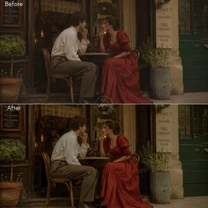 Puede incluir: Escena rom&aacute;ntica de una pareja en un caf&eacute;. La mujer lleva un vestido largo rojo, y el hombre una camisa blanca y pantalones marrones. El caf&eacute; tiene una est&eacute;tica vintage con texto franc&eacute;s en el edificio.