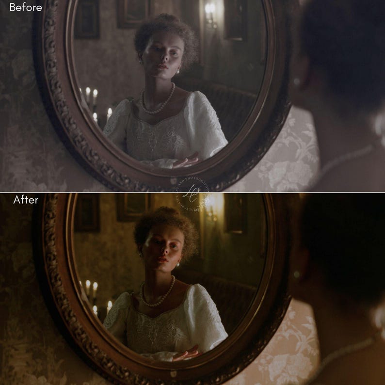 Puede incluir: Una mujer con un vestido blanco y un collar de perlas se refleja en un espejo ovalado. El espejo tiene un marco ornamentado. La imagen tiene una est&eacute;tica vintage, con iluminaci&oacute;n suave y un enfoque en el reflejo de la mujer.