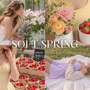 May include: A multi-image collage with a soft spring theme. The images feature a woman with flowers, a floral bouquet, strawberries in a cup, and a woman on a blanket. The text on the image reads "SOFT SPRING".