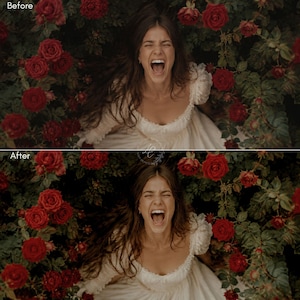 Puede incluir: Una mujer con un vestido blanco con cuello con volantes, acostada entre rosas rojas. Su boca est&aacute; abierta en un grito, con largo cabello casta&ntilde;o. La imagen tiene una est&eacute;tica vintage y rom&aacute;ntica.