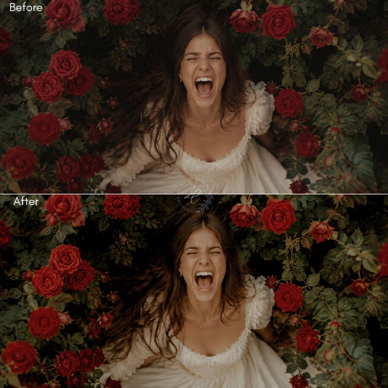 Puede incluir: Una mujer con un vestido blanco con cuello con volantes, acostada entre rosas rojas. Su boca est&aacute; abierta en un grito, con largo cabello casta&ntilde;o. La imagen tiene una est&eacute;tica vintage y rom&aacute;ntica.