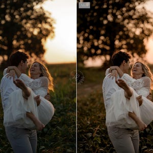 May include: A couple embraces in a field at sunset. The woman wears a white lace dress, and the man wears a white shirt and gray pants. They are laughing. The background features a large tree and golden light.