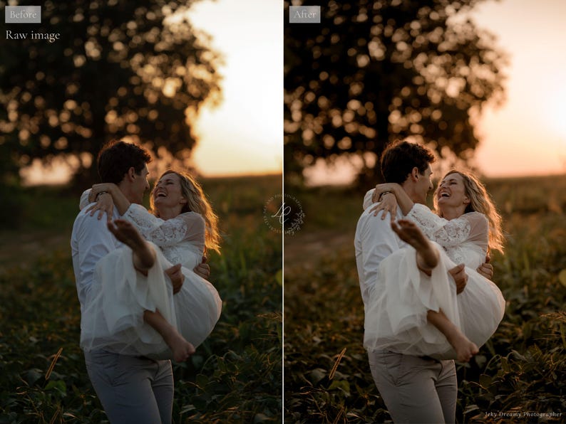May include: A couple embraces in a field at sunset. The woman wears a white lace dress, and the man wears a white shirt and gray pants. They are laughing. The background features a large tree and golden light.