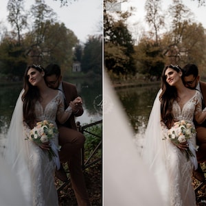May include: A bride in a white lace wedding dress with long sleeves and a deep V-neck, holding a bouquet of flowers. A person in a brown suit stands behind her, embracing her. The couple is near a lake.