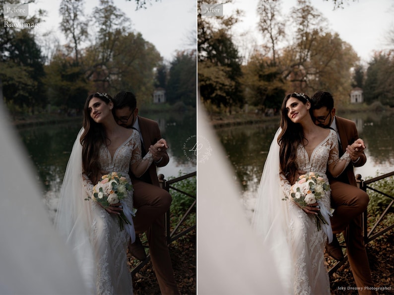 May include: A bride in a white lace wedding dress with long sleeves and a deep V-neck, holding a bouquet of flowers. A person in a brown suit stands behind her, embracing her. The couple is near a lake.