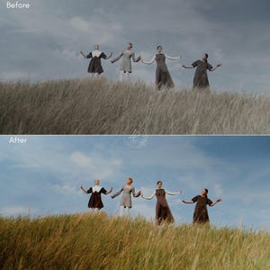 Puede incluir: Cuatro personas con vestidos de pie en una colina cubierta de hierba con los brazos extendidos contra un cielo azul. Los vestidos son de varios tonos de marr&oacute;n, gris y blanco. Las im&aacute;genes de antes y despu&eacute;s muestran un ajuste de color.