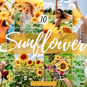 May include: A collage of 10 images featuring people in a field of sunflowers. The images are arranged in a grid with the text "Sunflower" in large white letters across the middle. The text "10 Lightroom Presets" is at the bottom of the collage.