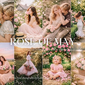 May include: A collage of romantic images featuring people and flowers. The central text reads "ROSE OF MAY". The images include couples, women in dresses, and a child, all surrounded by roses. The overall theme is soft and floral.