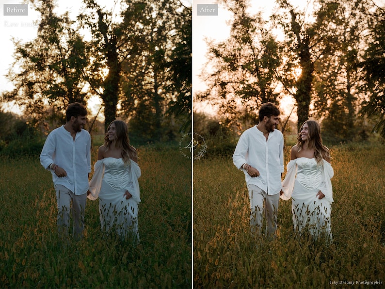 May include: A couple walks through a field of tall grass at sunset. The woman wears a white off-the-shoulder dress with long sleeves. The man wears a white button-down shirt and light-colored pants. The image is warm-toned.