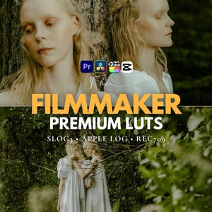Pode incluir: Imagem promocional para "The Filmmaker Premium Luts" com duas mulheres em vestidos brancos. A imagem inclui o texto "SLOG3 • APPLE LOG • REC709" e "Elevate your videos with professional touch and cinematic filters."