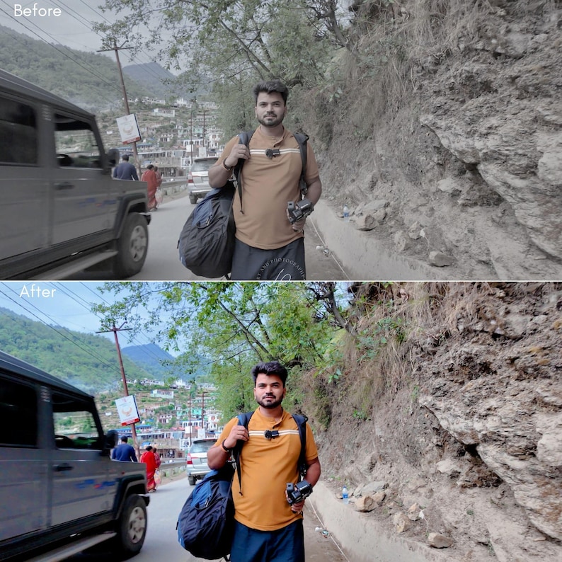 Puede incluir: Un hombre con una camisa color mostaza con una raya blanca en el hombro, llevando una mochila y una c&aacute;mara. El fondo muestra una carretera, un coche y un paisaje monta&ntilde;oso.