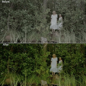 Puede incluir: Imagen dividida que muestra una escena de bosque antes y despu&eacute;s de la edici&oacute;n. La imagen 'Antes' tiene una paleta de colores apagados, mientras que la imagen 'Despu&eacute;s' es vibrante. Dos personas con vestidos blancos est&aacute;n en un bosque verde.