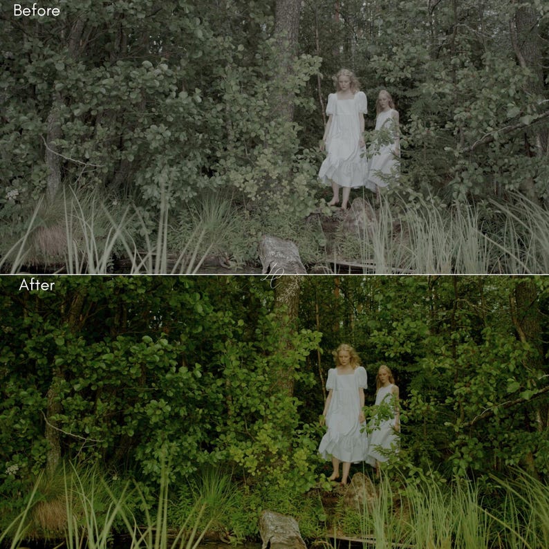 Puede incluir: Imagen dividida que muestra una escena de bosque antes y despu&eacute;s de la edici&oacute;n. La imagen 'Antes' tiene una paleta de colores apagados, mientras que la imagen 'Despu&eacute;s' es vibrante. Dos personas con vestidos blancos est&aacute;n en un bosque verde.