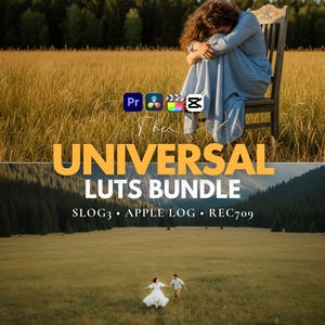 Pode incluir: Imagem que promove um produto de edição de vídeo. A metade superior mostra uma pessoa sentada em uma cadeira de madeira em um campo. A metade inferior mostra um casal correndo em um campo. O texto inclui "UNIVERSAL LUTS BUNDLE" e "SLOG3 • APPLE LOG • REC709".