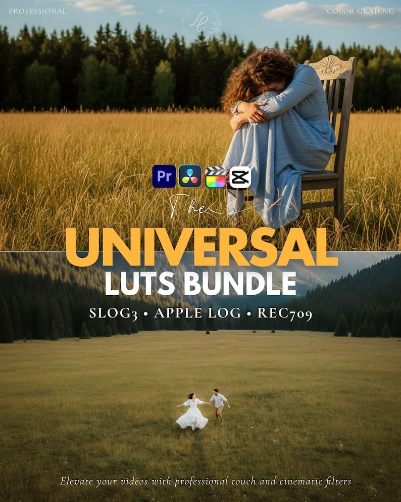 Puede incluir: Imagen que promociona un producto de edici&oacute;n de v&iacute;deo. La mitad superior muestra a una persona sentada en una silla de madera en un campo. La mitad inferior muestra a una pareja corriendo en un campo. El texto incluye "UNIVERSAL LUTS BUNDLE" y "SLOG3 &bull; APPLE LOG &bull; REC709".