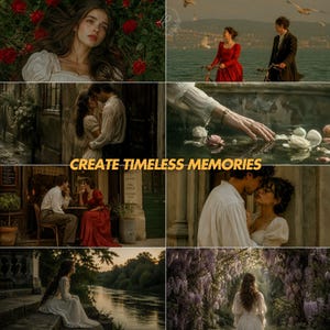 Puede incluir: Un collage de escenas rom&aacute;nticas con parejas e individuos en entornos vintage. Las im&aacute;genes incluyen a una mujer entre rosas, una pareja en bicicleta y momentos &iacute;ntimos. El texto "CREATE TIMELESS MEMORIES" est&aacute; superpuesto.
