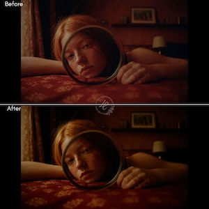 Puede incluir: Imagen de antes y despu&eacute;s de una persona pelirroja mirando a un espejo redondo. La persona est&aacute; acostada en una colcha roja estampada. El fondo es una habitaci&oacute;n con poca luz con una l&aacute;mpara y cuadros enmarcados.