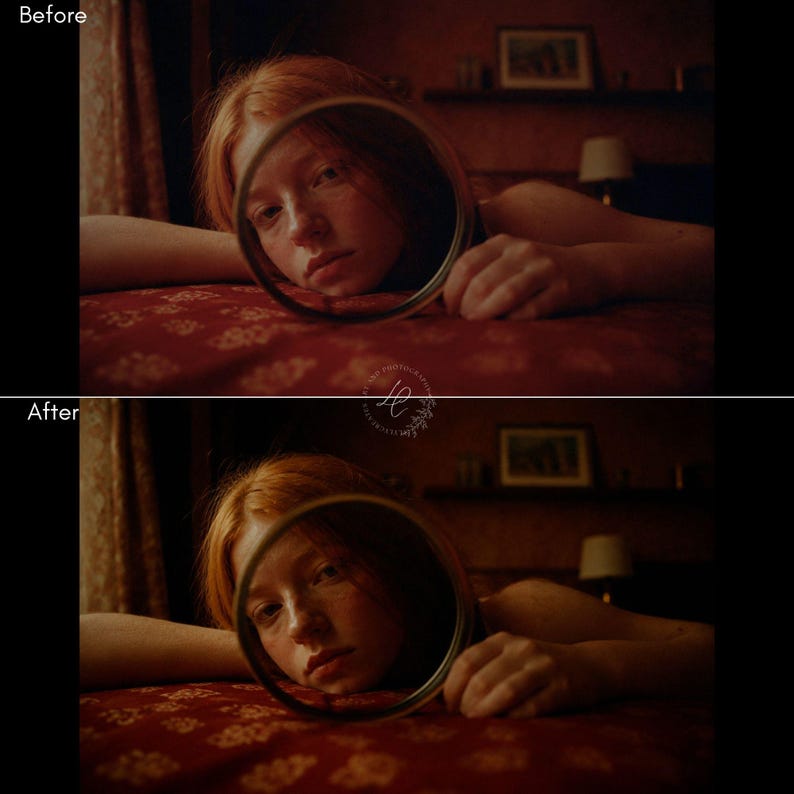 Puede incluir: Imagen de antes y despu&eacute;s de una persona pelirroja mirando a un espejo redondo. La persona est&aacute; acostada en una colcha roja estampada. El fondo es una habitaci&oacute;n con poca luz con una l&aacute;mpara y cuadros enmarcados.