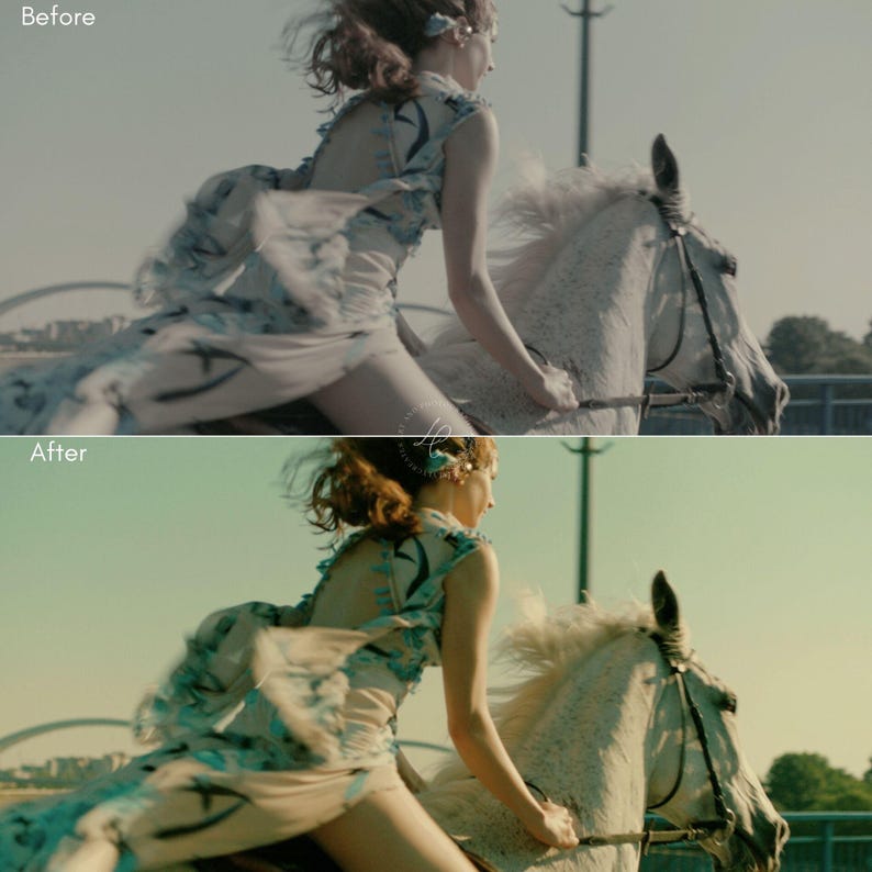 Puede incluir: Una persona montando un caballo blanco. La persona lleva un vestido fluido con estampados florales azules y blancos. El caballo est&aacute; en movimiento, con su crin y cola ondeando al viento. El fondo es una escena soleada al aire libre.