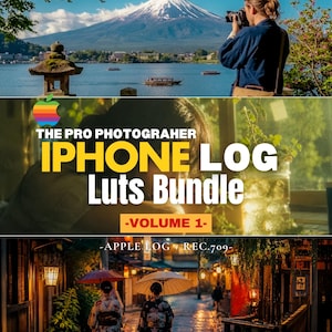 Pode incluir: Um pacote de produtos digitais intitulado THE PRO PHOTOGRAHER IPHONE LOG Luts Bundle -VOLUME 1- APPLE LOG + REC.709. A imagem apresenta uma vista panorâmica do Monte Fuji, uma pessoa usando uma câmera e duas pessoas com guarda-chuvas.