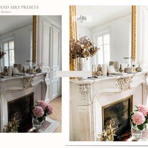 May include: Before and after image showing the effect of a photo filter. The image shows a white fireplace with a gold-framed mirror above it. The fireplace is decorated with dried flowers, candles, and other decorative items. The image on the right shows the same scene with a brighter, more airy filter applied.