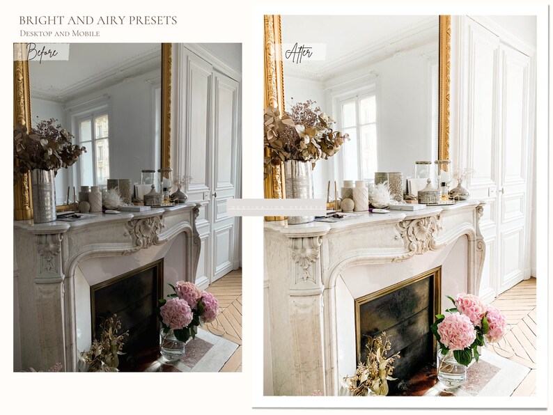 May include: Before and after image showing the effect of a photo filter. The image shows a white fireplace with a gold-framed mirror above it. The fireplace is decorated with dried flowers, candles, and other decorative items. The image on the right shows the same scene with a brighter, more airy filter applied.