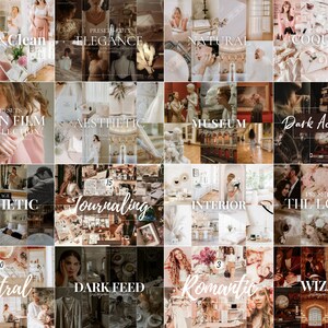 May include: A collage of 20 different photo filter presets for digital photography. The presets are organized in a grid with titles such as "Bright & Clean", "Lost in Film", "Aesthetic", "Museum", "Dark Academia", "The Lovers", "Neutral", "Dark Feed", "Romantic", and "Wizard".